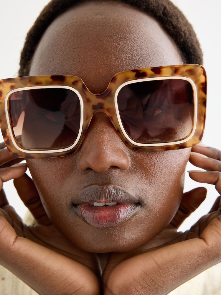 Oliver Bonas Brown Tort Oversized Square Sunglasses - Image 1 of 6