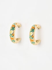 Oliver Bonas Green & Orange Laci Floral Enamel Inlay Hoop Earrings - Image 1 of 5