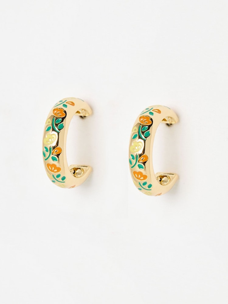Oliver Bonas Green & Orange Laci Floral Enamel Inlay Hoop Earrings - Image 1 of 5 Oliver Bonas Green & Orange Laci Floral Enamel Inlay Hoop Earrings - Image 1 of 5