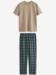 Stone Natural/Navy Blue/Green Check Cotton Pyjamas Set - Image 5 of 8