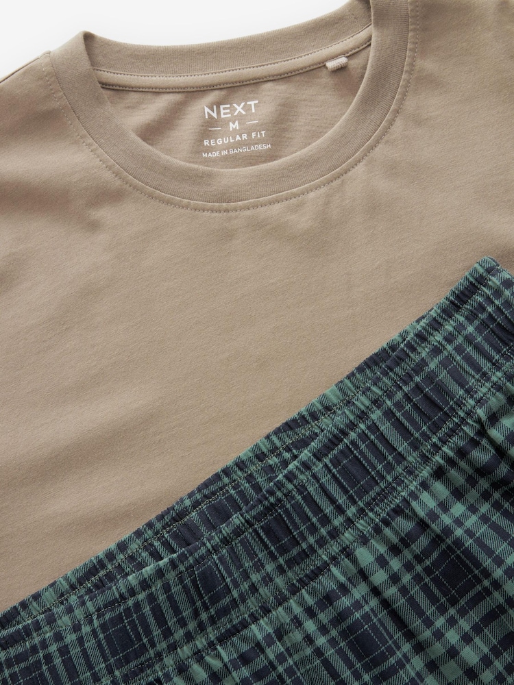 Stone Natural/Navy Blue/Green Check Cotton Pyjamas Set - Image 8 of 8