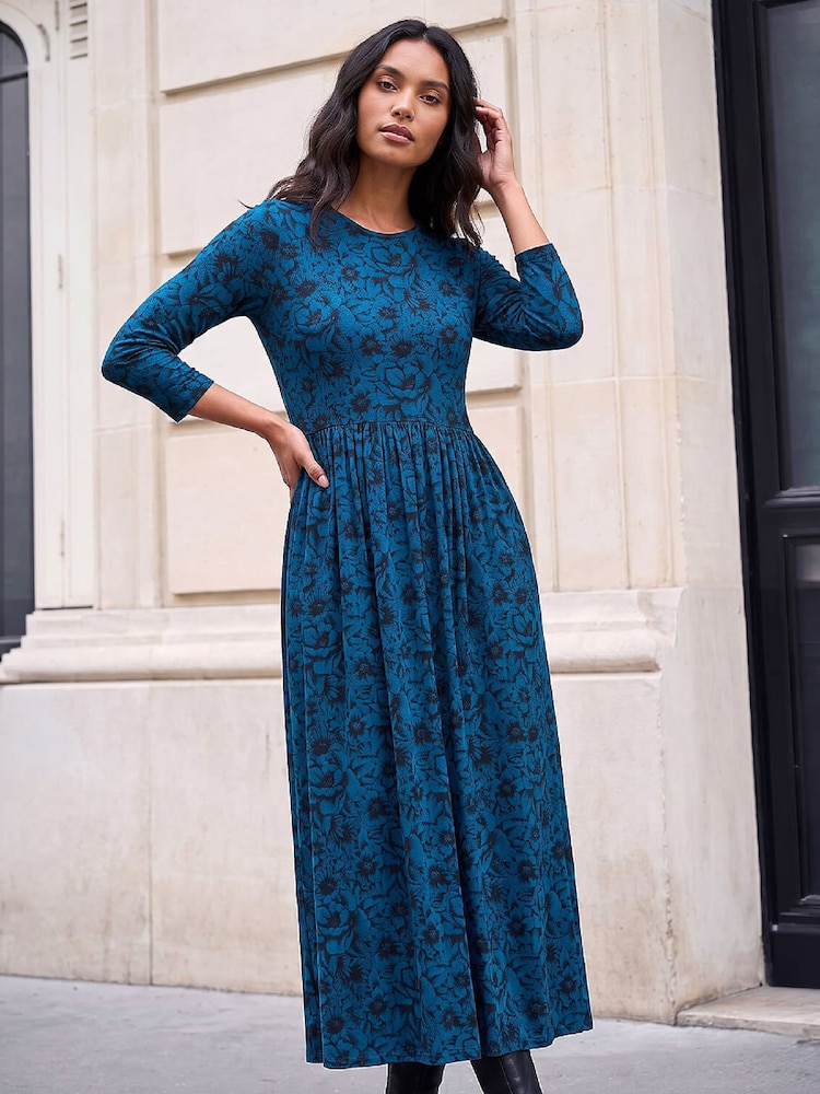 Roman Blue Printed Round Neck Dress - Image 1 of 4 Roman Blue Printed Round Neck Dress - Image 1 of 4