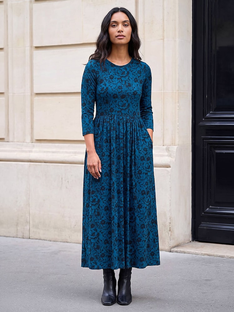 Roman Blue Printed Round Neck Dress - Image 2 of 4 Roman Blue Printed Round Neck Dress - Image 2 of 4