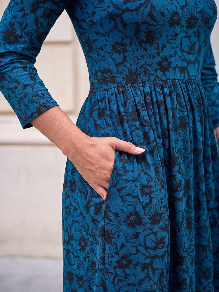 Roman Blue Printed Round Neck Dress - Image 4 of 4 Roman Blue Printed Round Neck Dress - Image 4 of 4