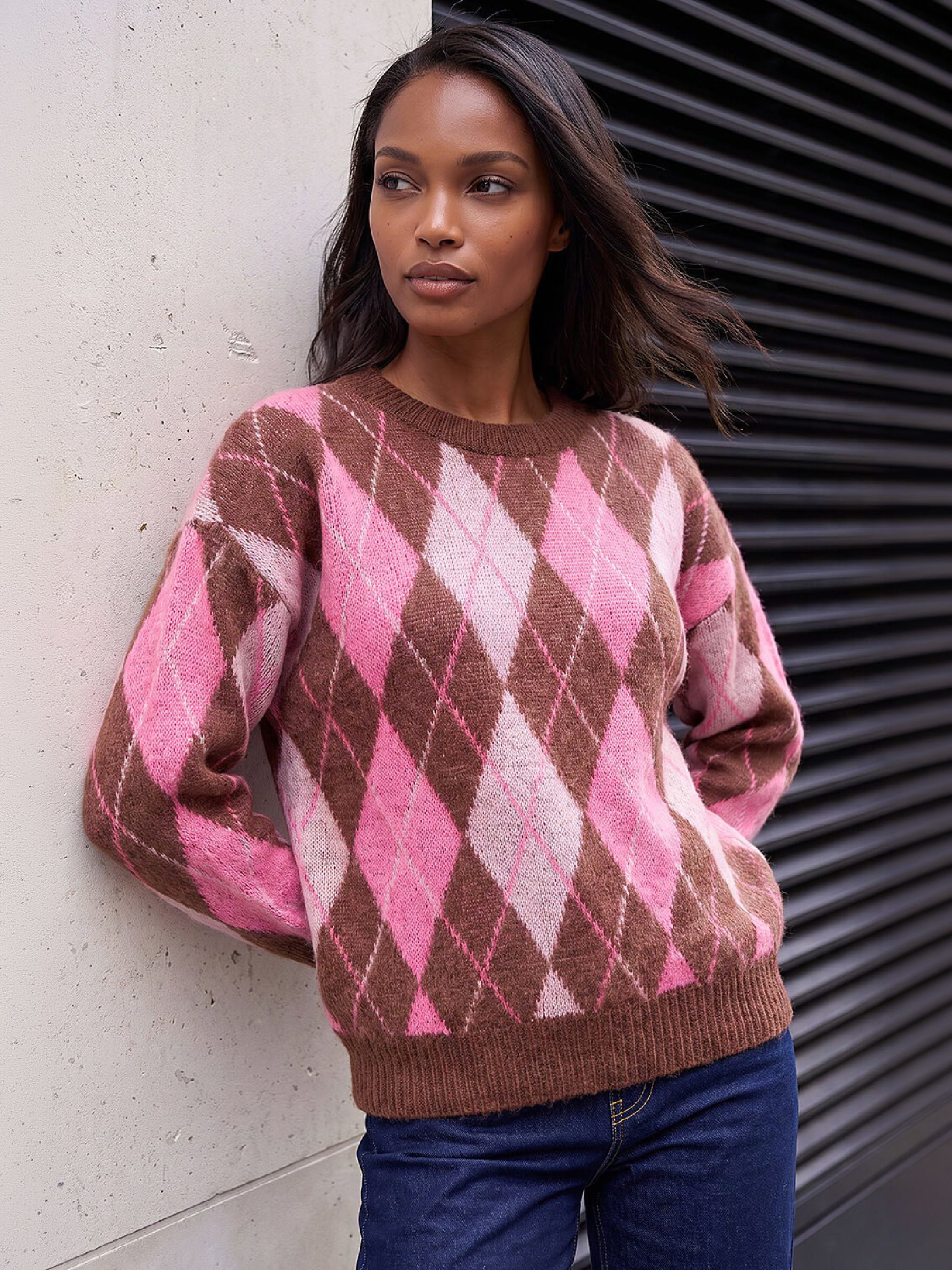 Roman Women's Pink Soft Knit Argyle Crew Jumper - Image 1
