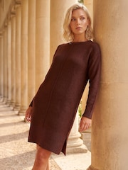 Roman Brown Petite Knitted Pintuck Shift Dress - Image 1 of 4