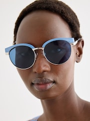 Oliver Bonas Blue Powder Blue Round Browline Sunglasses - Image 1 of 6