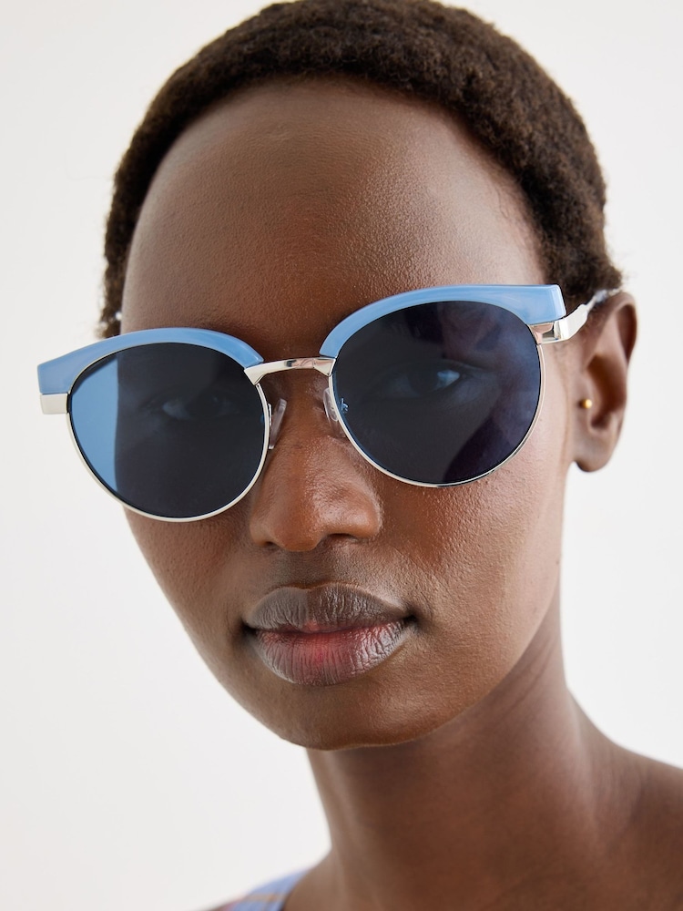 Oliver Bonas Blue Powder Blue Round Browline Sunglasses - Image 1 of 6