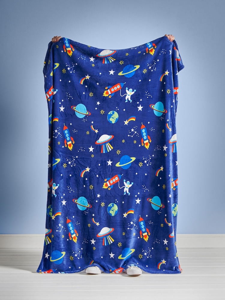 Catherine Lansfield Blue Teddy Lost In Space Cosy Fleece Throw - Image 4 of 4