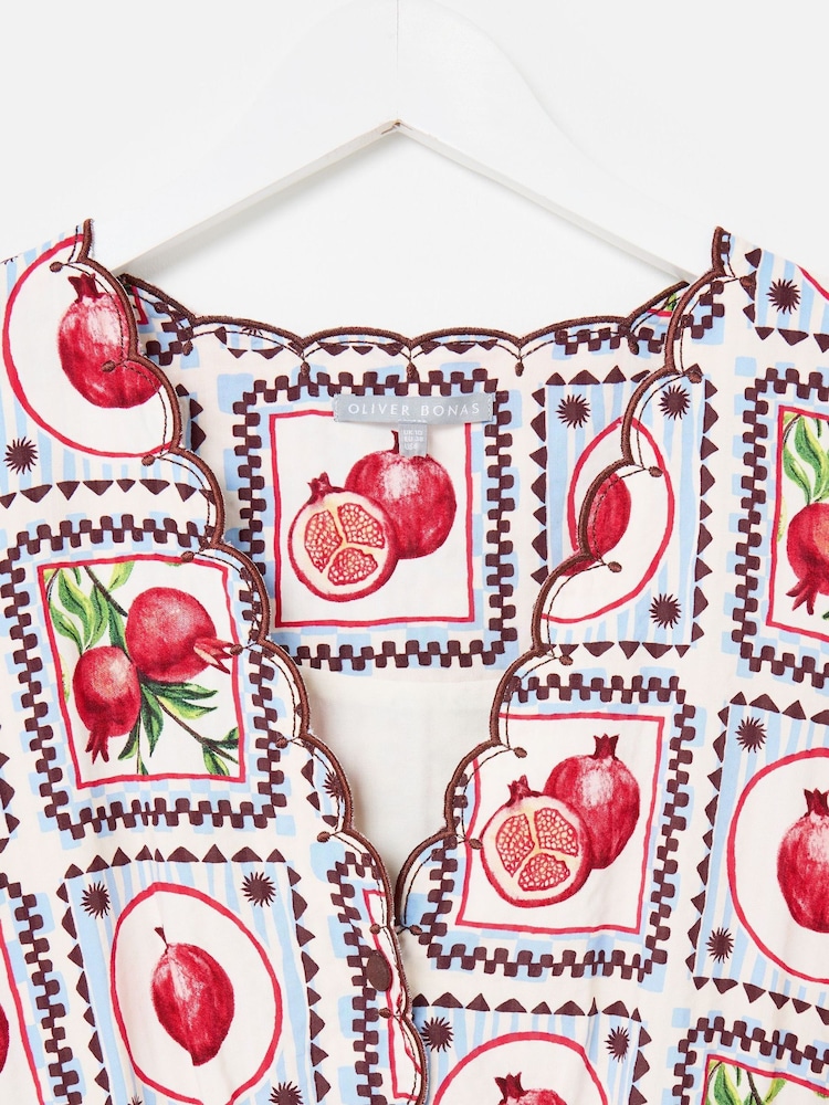 Oliver Bonas White Pomegranate Print V-Neck Puff Sleeve Midi Dress - Image 7 of 7