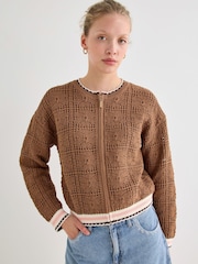 Oliver Bonas Brown Mocha Brown Crochet Zip Up Bomber Jacket - Image 1 of 8