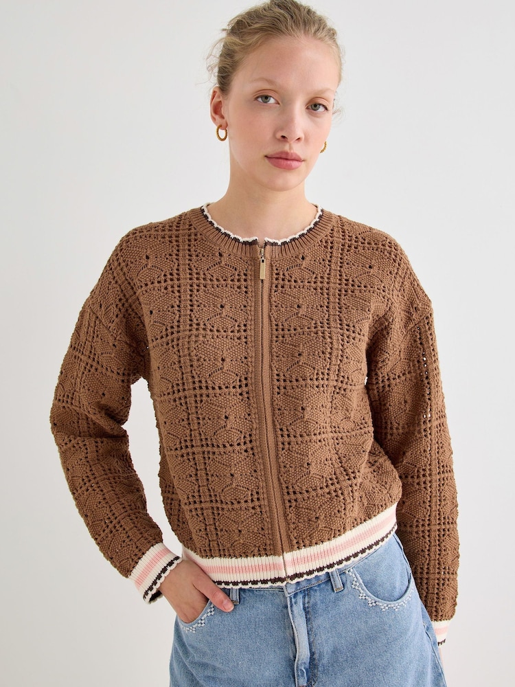 Oliver Bonas Brown Mocha Brown Crochet Zip Up Bomber Jacket - Image 1 of 8