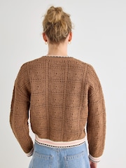 Oliver Bonas Brown Mocha Brown Crochet Zip Up Bomber Jacket - Image 2 of 8