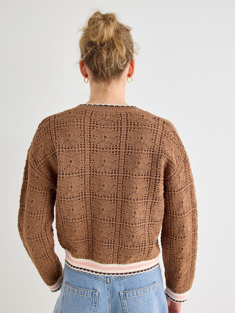 Oliver Bonas Brown Mocha Brown Crochet Zip Up Bomber Jacket - Image 2 of 8