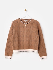 Oliver Bonas Brown Mocha Brown Crochet Zip Up Bomber Jacket - Image 3 of 8