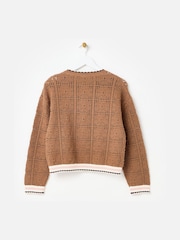 Oliver Bonas Brown Mocha Brown Crochet Zip Up Bomber Jacket - Image 4 of 8