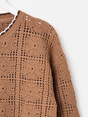 Oliver Bonas Brown Mocha Brown Crochet Zip Up Bomber Jacket - Image 6 of 8