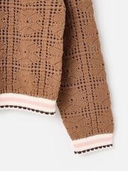 Oliver Bonas Brown Mocha Brown Crochet Zip Up Bomber Jacket - Image 7 of 8