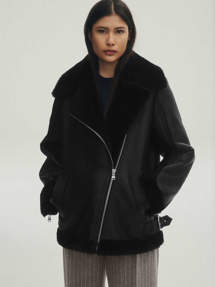 Black Real Leather Aviator Jacket - Image 1 of 12