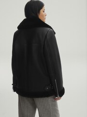 Black Real Leather Aviator Jacket - Image 5 of 12