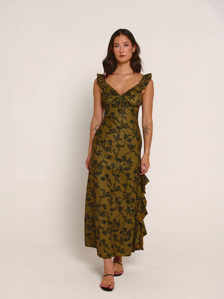 Rare London Green Ruffle Side Split Maxi Dress - Image 1 of 4 Rare London Green Ruffle Side Split Maxi Dress - Image 1 of 4