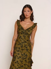 Rare London Green Ruffle Side Split Maxi Dress - Image 3 of 4