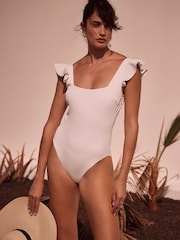 Mint Velvet White Rib Ruffle Square Neck Swimsuit - Image 1 of 7
