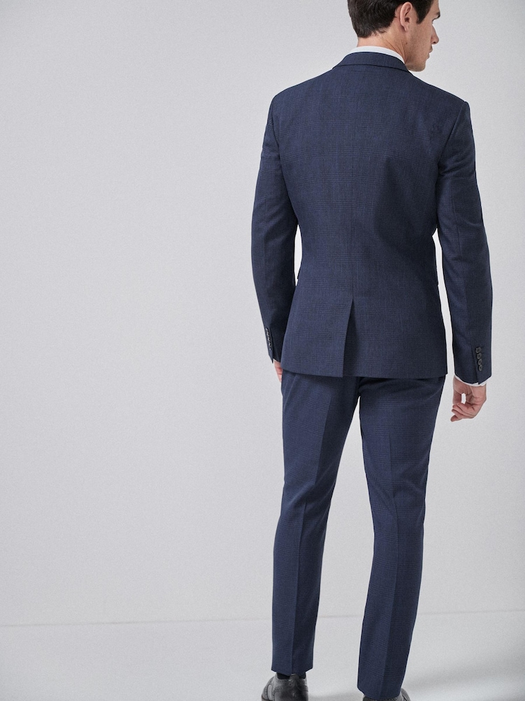 Navy Blue Slim Check Suit Jacket - Image 2 of 7
