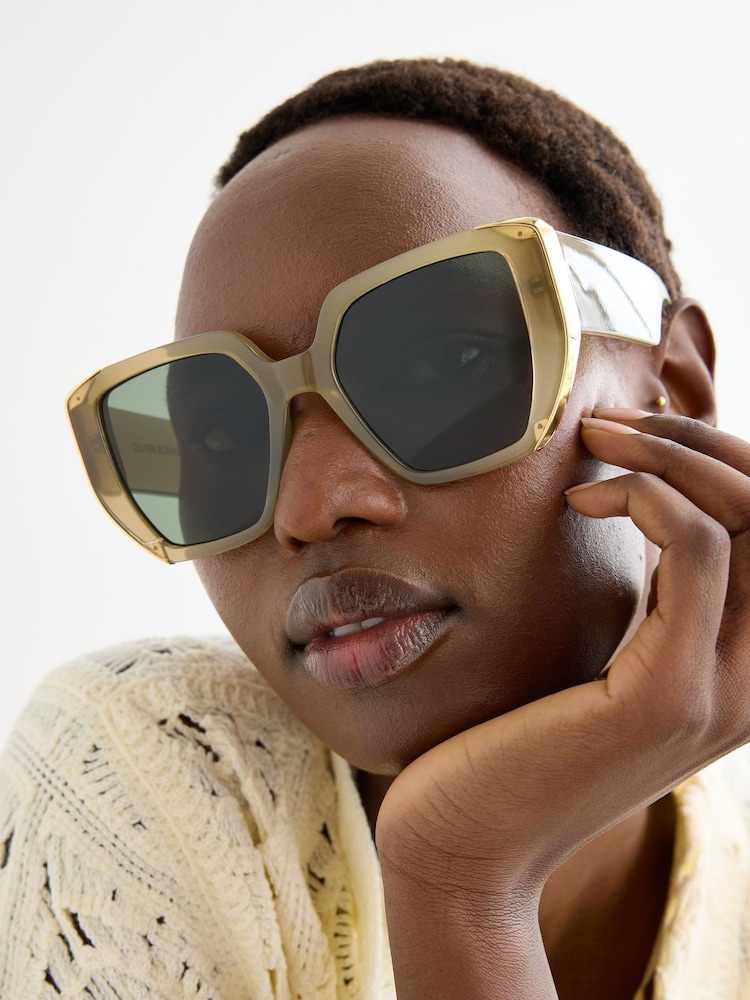 Oliver Bonas Green Green & Gold Metal Inlay Oversized Square Sunglasses - Image 1 of 6