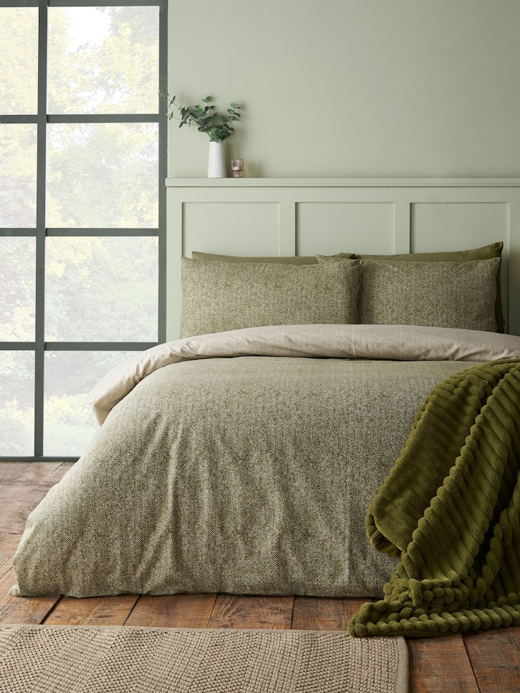 Catherine Lansfield Green Herringbone Brushed Cotton Duvet Cover and Pillowcase Set - Image 2 of 5
