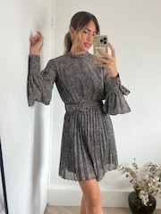 Style Cheat Black Pebble Print Mia High Neck Pleated Mini Dress - Image 1 of 4