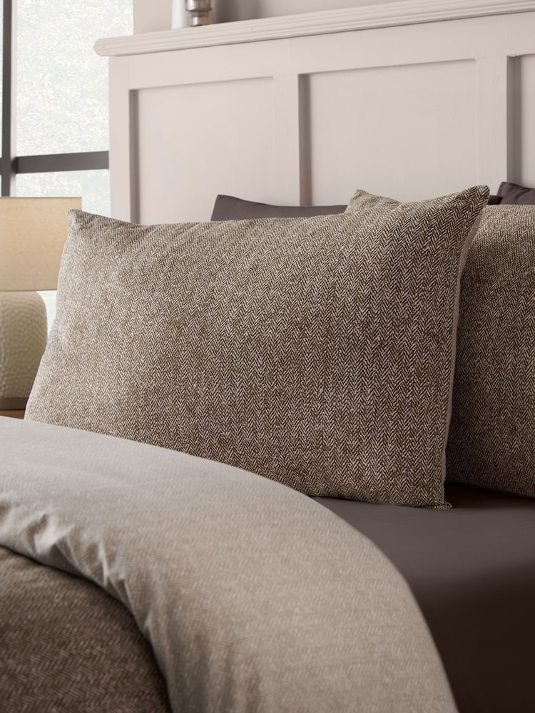 Catherine Lansfield Chocolate Herringbone Brushed Cotton Duvet Cover and Pillowcase Set - Image 1 of 5
