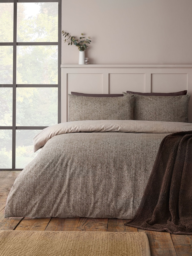 Catherine Lansfield Chocolate Herringbone Brushed Cotton Duvet Cover and Pillowcase Set - Image 2 of 5