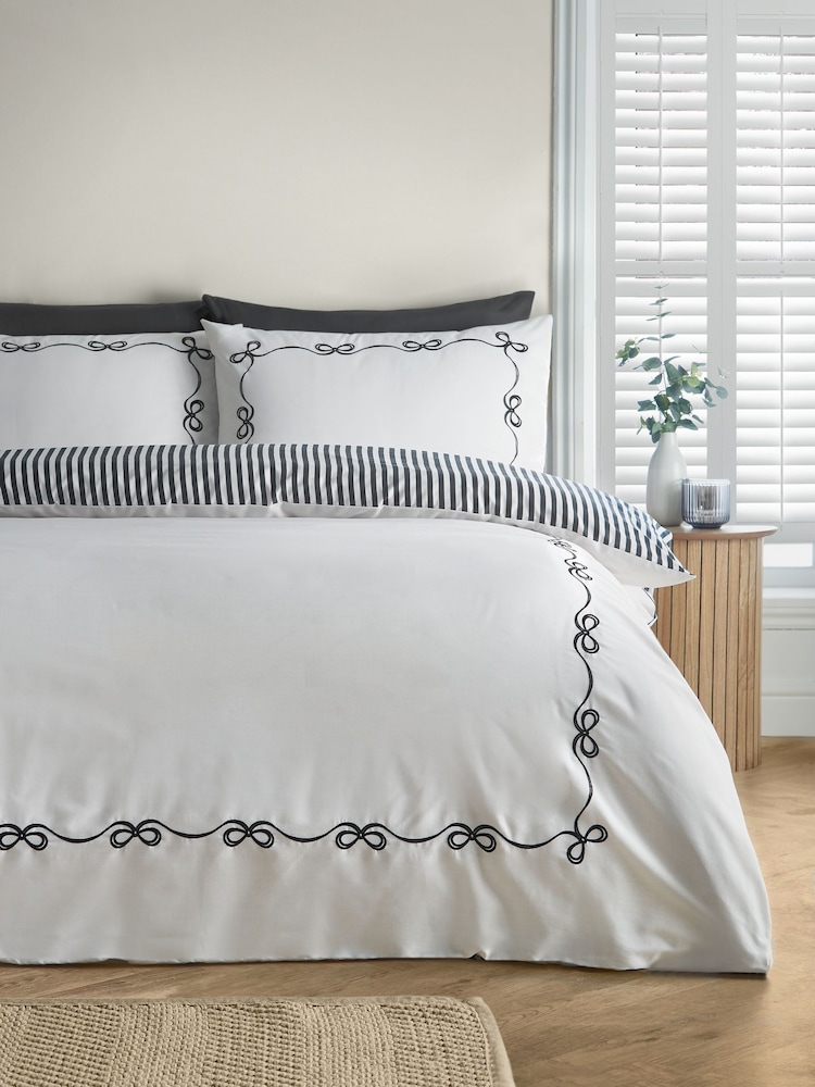 Catherine Lansfield Cream/Black Bow Embroidery Duvet Cover Set - Image 1 of 4 Catherine Lansfield Cream/Black Bow Embroidery Duvet Cover Set - Image 1 of 4