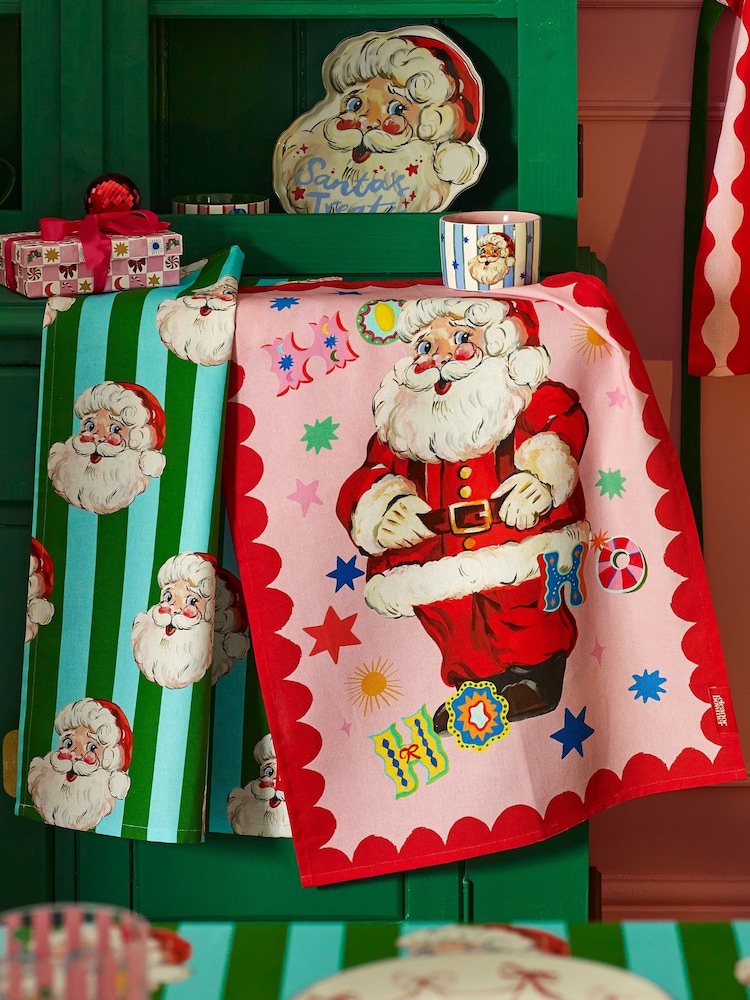 Eleanor Bowmer Red Christmas Jolly Santa Cotton Tea Towel Pack of 2 - Image 2 of 2
