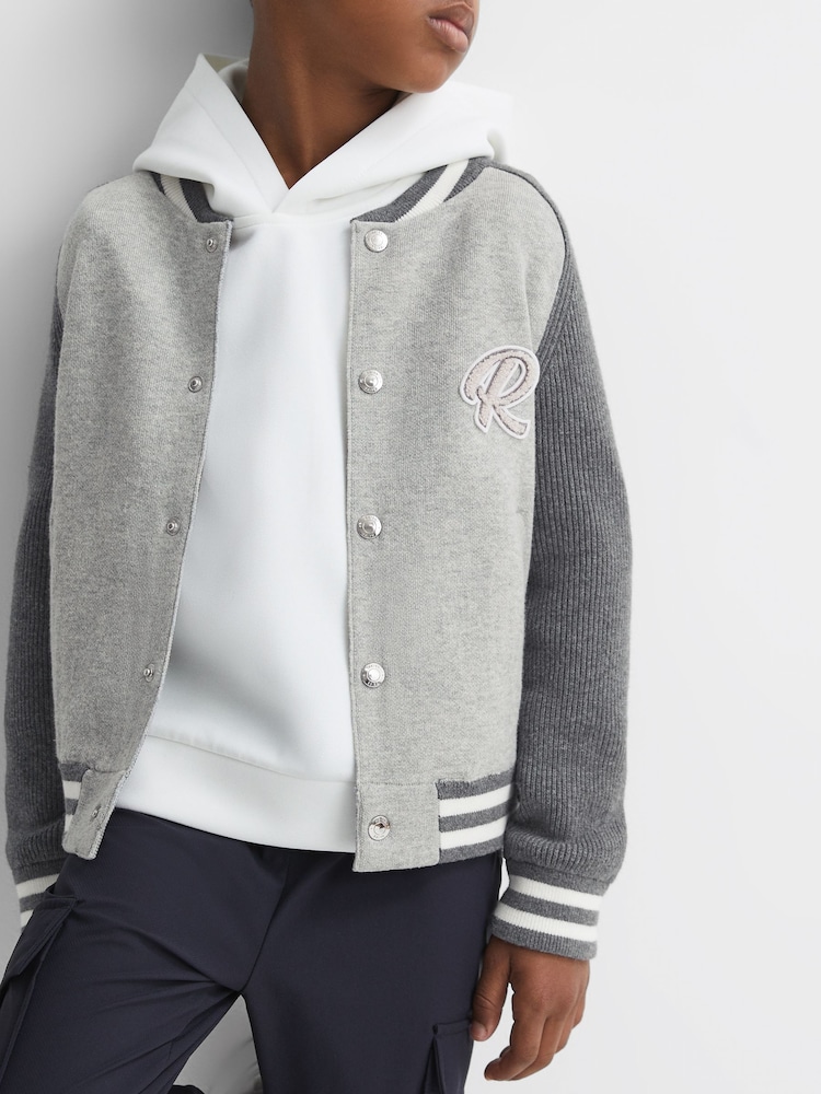 Reiss Soft Grey Belsize 3-9 yrs Cotton Blend Varsity Bomber Jacket - Image 1 of 6