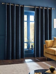 Catherine Lansfield Blue Crinkle Chenille Lined Eyelet Curtains - Image 1 of 4