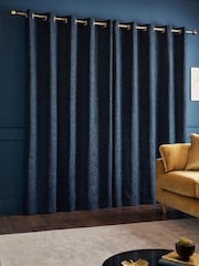 Catherine Lansfield Blue Crinkle Chenille Lined Eyelet Curtains - Image 2 of 4
