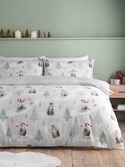 Catherine Lansfield Green Christmas Penguins Brushed Cotton Duvet Cover and Pillowcase Set - Image 1 of 4