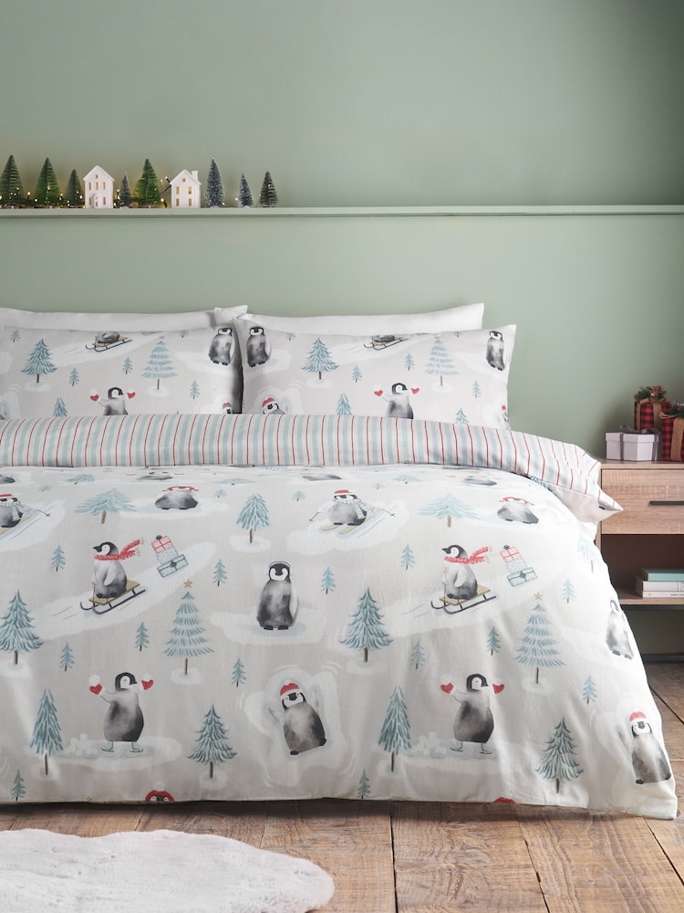 Catherine Lansfield Green Christmas Penguins Brushed Cotton Duvet Cover and Pillowcase Set - Image 1 of 4