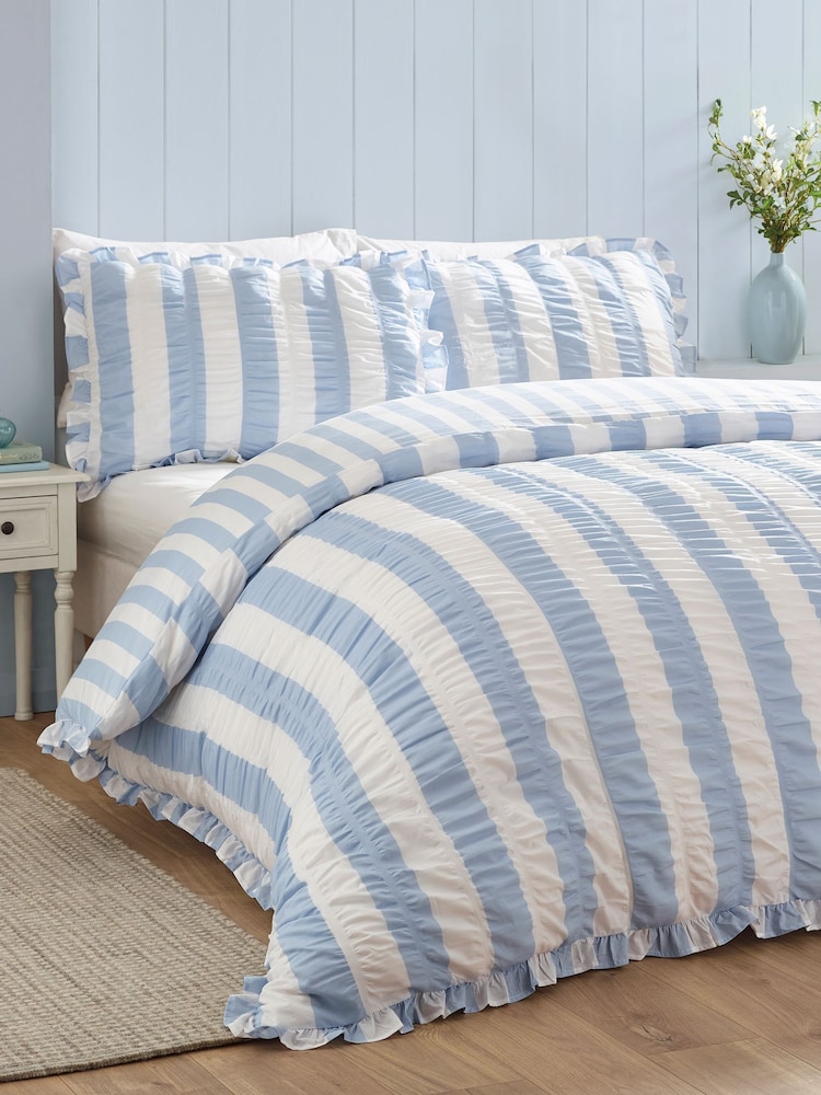 Catherine Lansfield Blue Seersucker Ruffle Stripe Duvet Cover & Pillowcase Set - Image 1 of 3 Catherine Lansfield Blue Seersucker Ruffle Stripe Duvet Cover & Pillowcase Set - Image 1 of 3