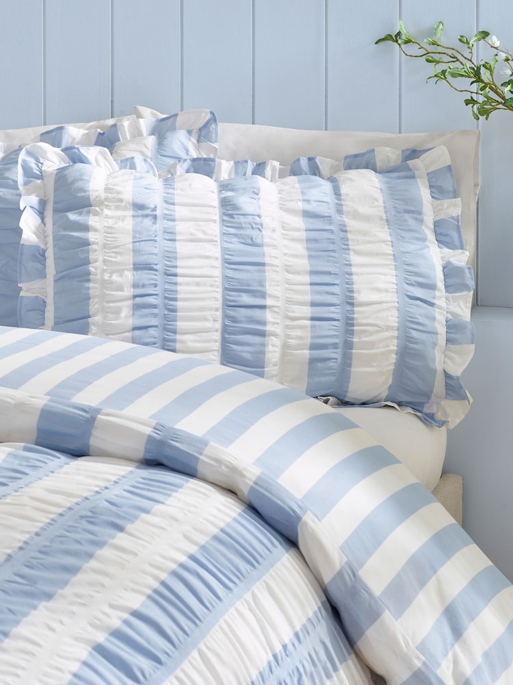 Catherine Lansfield Blue Seersucker Ruffle Stripe Duvet Cover & Pillowcase Set - Image 2 of 3 Catherine Lansfield Blue Seersucker Ruffle Stripe Duvet Cover & Pillowcase Set - Image 2 of 3