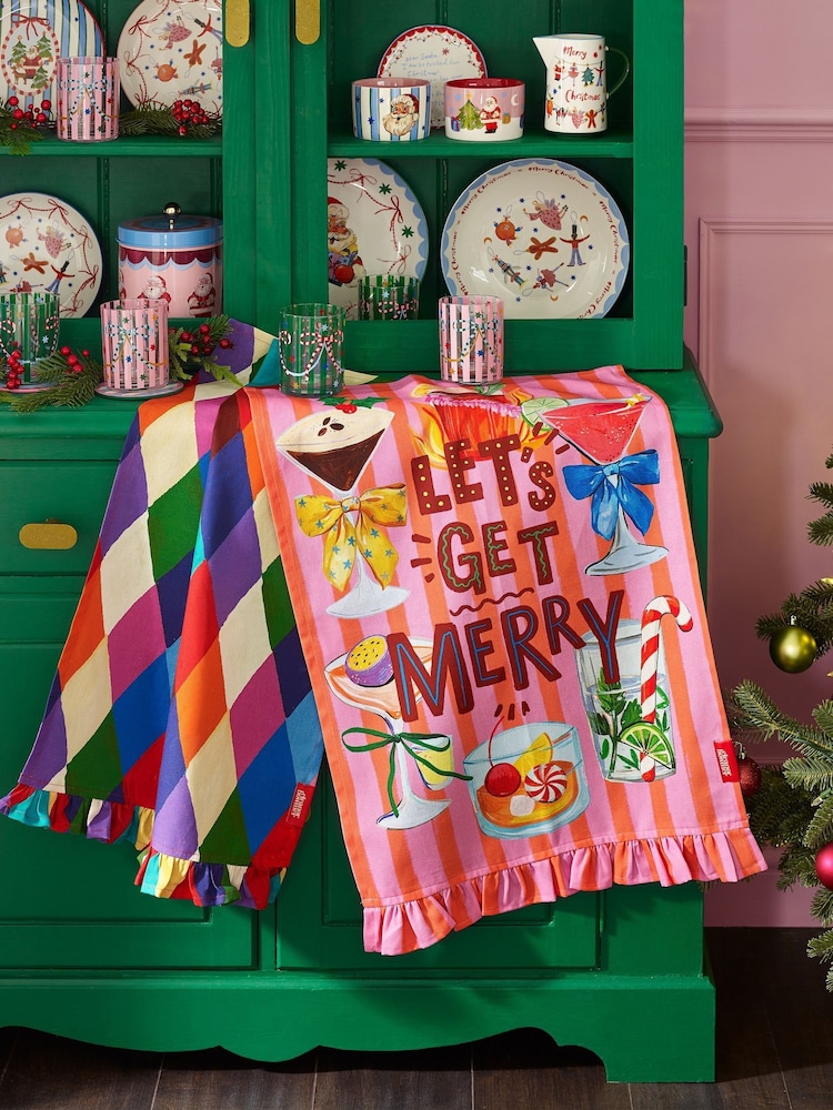 Eleanor Bowmer 2 Pack Pink Christmas Let's Get Merry Cotton Tea Towel - Image 1 of 2 Eleanor Bowmer 2 Pack Pink Christmas Let's Get Merry Cotton Tea Towel - Image 1 of 2