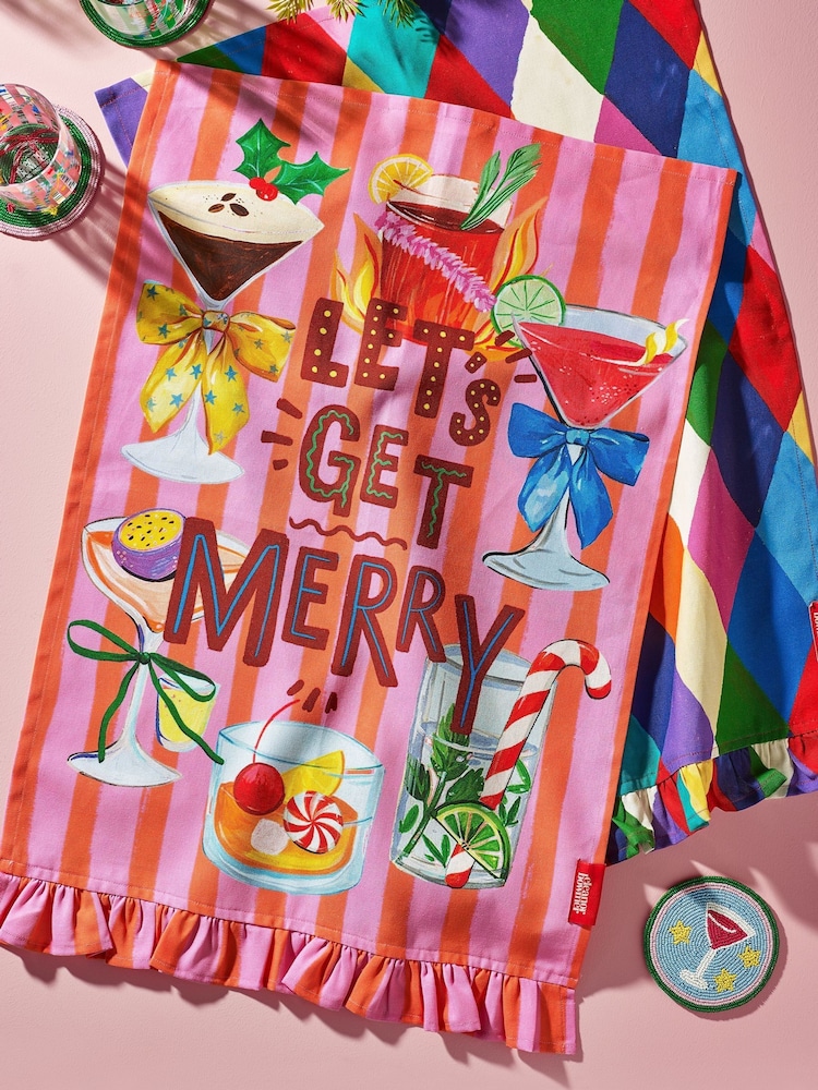 Eleanor Bowmer 2 Pack Pink Christmas Let's Get Merry Cotton Tea Towel - Image 2 of 2 Eleanor Bowmer 2 Pack Pink Christmas Let's Get Merry Cotton Tea Towel - Image 2 of 2