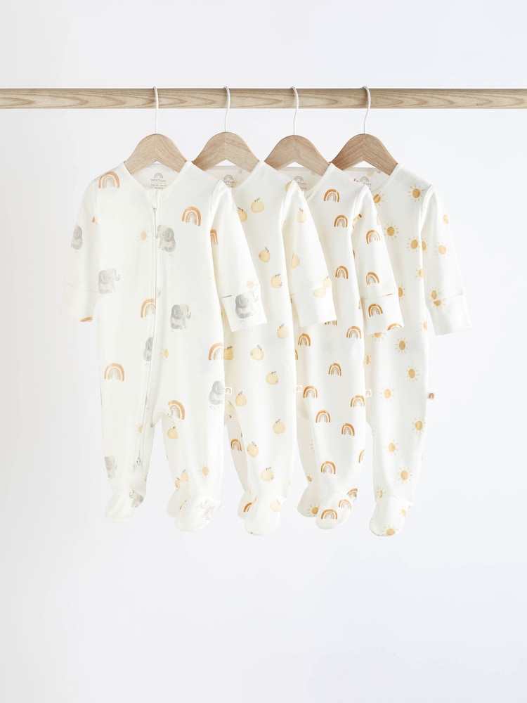 White Rainbow and Elephant Baby 100% Cotton Sleepsuits 4 Pack (0-2yrs) - Image 1 of 8 White Rainbow and Elephant Baby 100% Cotton Sleepsuits 4 Pack (0-2yrs) - Image 1 of 8