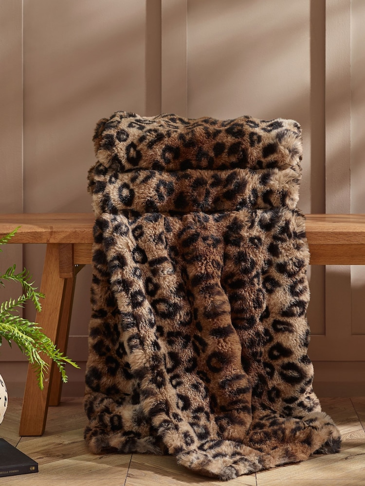 Catherine Lansfield Brown Animal Print Faux Fur Blanket Throw - Image 1 of 3 Catherine Lansfield Brown Animal Print Faux Fur Blanket Throw - Image 1 of 3
