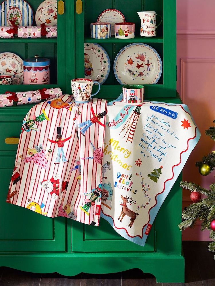 Eleanor Bowmer 2 Pack White Christmas Dear Santa Cotton Tea Towel - Image 1 of 2 Eleanor Bowmer 2 Pack White Christmas Dear Santa Cotton Tea Towel - Image 1 of 2