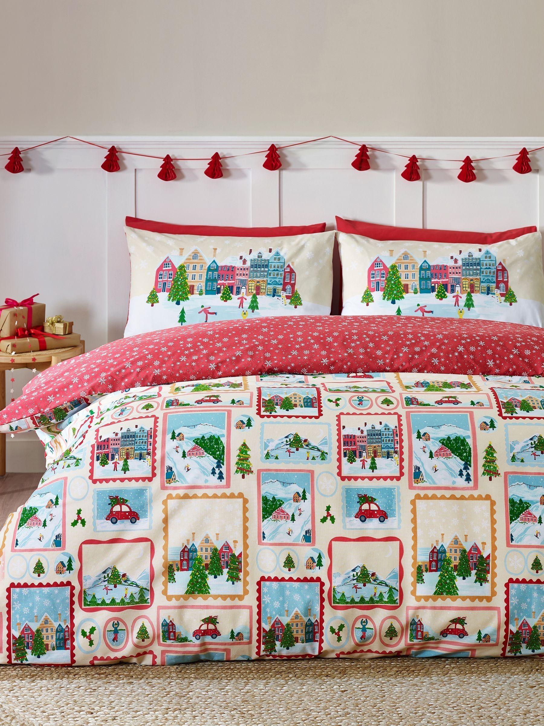 Rackhams Red/White Christmas Town Stamps Reversible Duvet Cover Set Natural - Super King - Natural - Image 6
