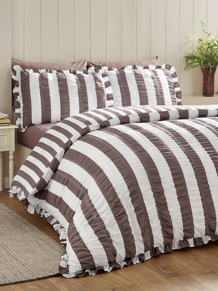 Catherine Lansfield Brown Seersucker Ruffle Stripe Duvet Cover & Pillowcase Set - Image 1 of 3 Catherine Lansfield Brown Seersucker Ruffle Stripe Duvet Cover & Pillowcase Set - Image 1 of 3