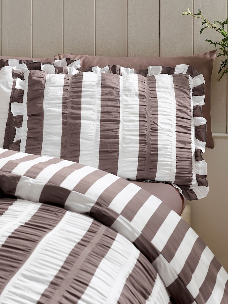Catherine Lansfield Brown Seersucker Ruffle Stripe Duvet Cover & Pillowcase Set - Image 2 of 3 Catherine Lansfield Brown Seersucker Ruffle Stripe Duvet Cover & Pillowcase Set - Image 2 of 3